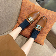 Metal Chain Plush Leather Round Toe Plus Size Autumn Moccasins Loafers