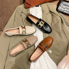 Metal Chain Plush Leather Round Toe Plus Size Autumn Moccasins Loafers