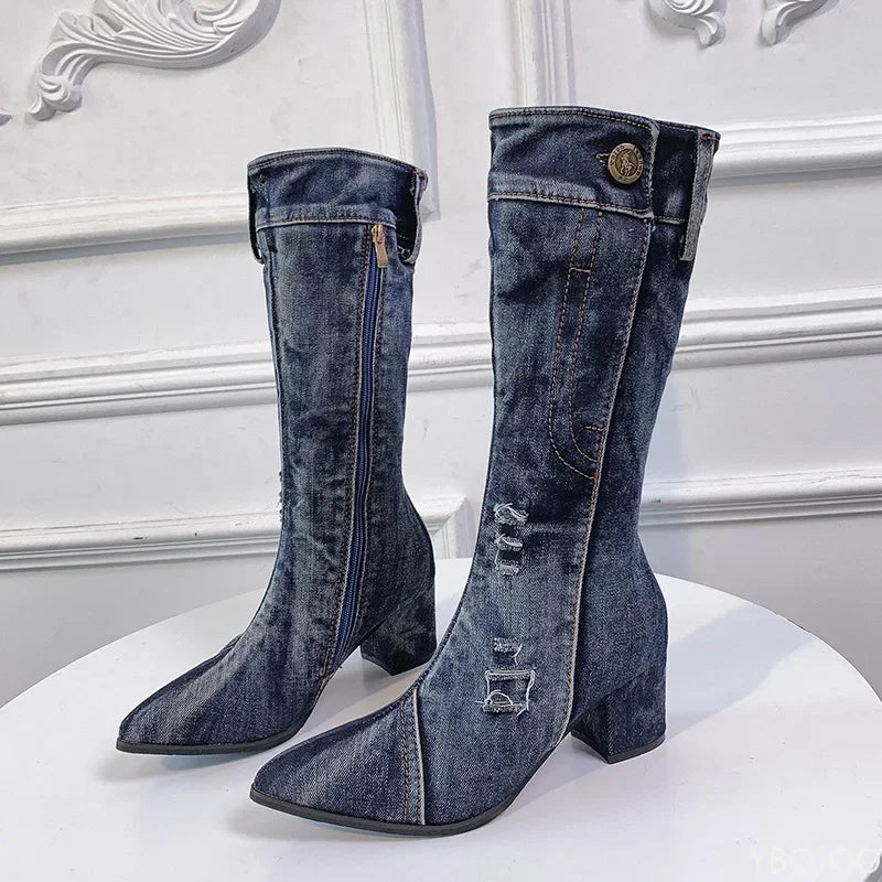 Chunky Denim Block Heels Cowboy Western Knee High Boots