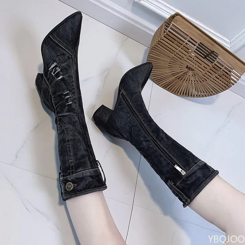 Chunky Denim Block Heels Cowboy Western Knee High Boots