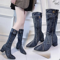 Chunky Denim Block Heels Cowboy Western Knee High Boots