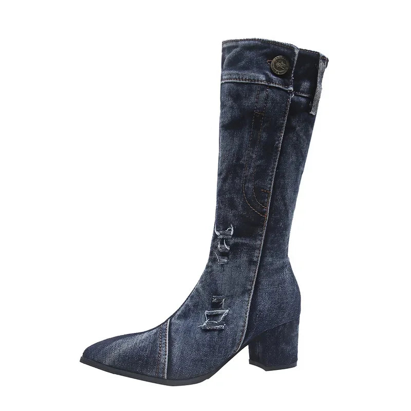Chunky Denim Block Heels Cowboy Western Knee High Boots