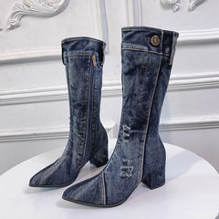 Chunky Denim Block Heels Cowboy Western Knee High Boots