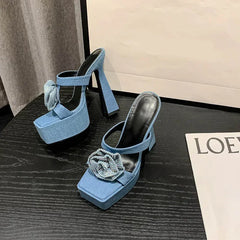 Denim Blue Rhinestone Rose Flower Peep Toe Gladiator High Heel