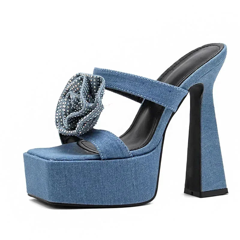 Denim Blue Rhinestone Rose Flower Peep Toe Gladiator High Heel