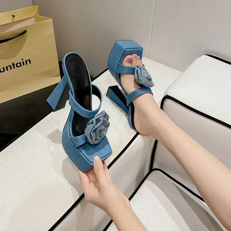 Denim Blue Rhinestone Rose Flower Peep Toe Gladiator High Heel