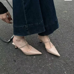 New Pointed Toe Slingback Khaki Slides Low Heel Pumps