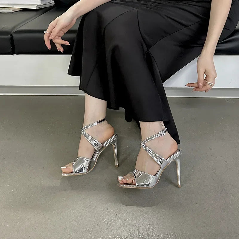 Shiny New 10Cm Thin High Heel Peep Toe Buckle Strap High Heel