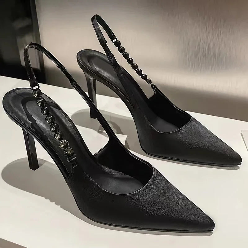 New Slingbacks Women's Pointed Highs Silver Leather Dress Shoes Low Heel Pumps