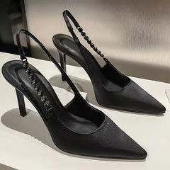 New Slingbacks Women's Pointed Highs Silver Leather Dress Shoes Low Heel Pumps