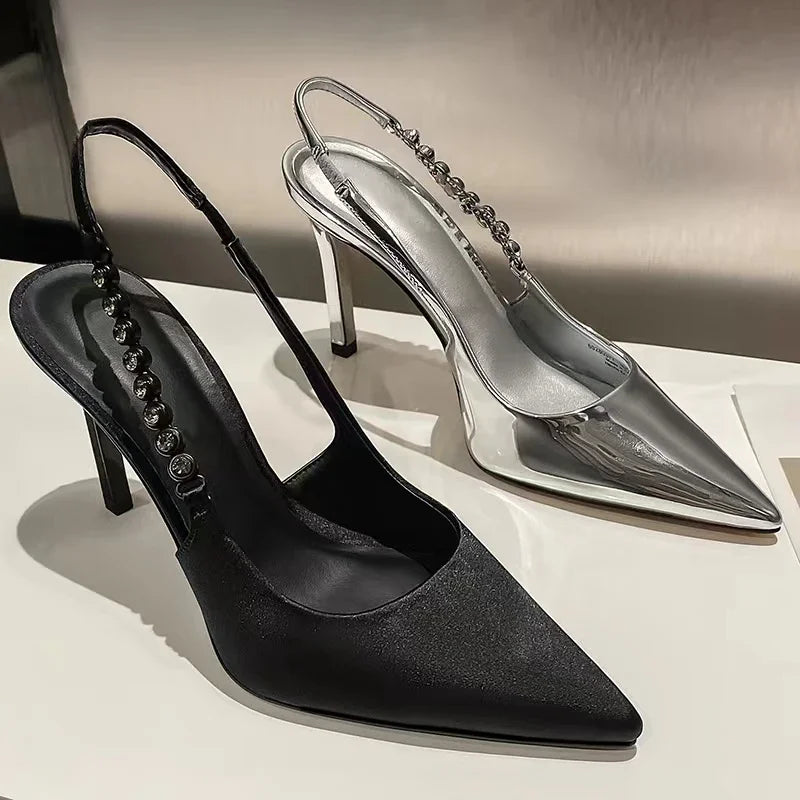 New Slingbacks Women's Pointed Highs Silver Leather Dress Shoes Low Heel Pumps