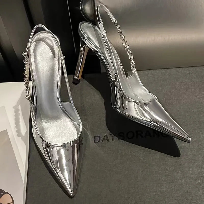 New Slingbacks Women's Pointed Highs Silver Leather Dress Shoes Low Heel Pumps