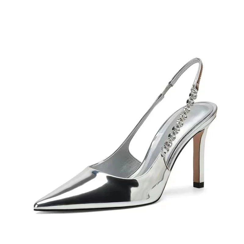New Slingbacks Women's Pointed Highs Silver Leather Dress Shoes Low Heel Pumps