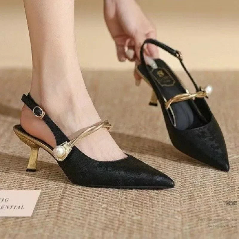 New Pointed Toe Pearl High Banquet Low Heel Pumps