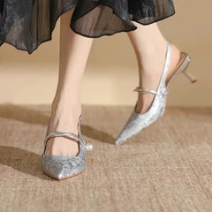 New Pointed Toe Pearl High Banquet Low Heel Pumps