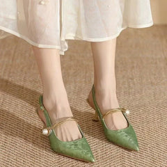 New Pointed Toe Pearl High Banquet Low Heel Pumps