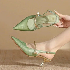 New Pointed Toe Pearl High Banquet Low Heel Pumps