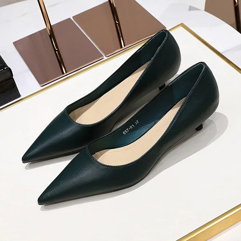 Spring 4cm Highs Concise Office Lady Soft Leather Thin Highs Pointed Toe Wedding Shoes Low Heel Pumps