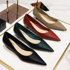 Spring 4cm Highs Concise Office Lady Soft Leather Thin Highs Pointed Toe Wedding Shoes Low Heel Pumps