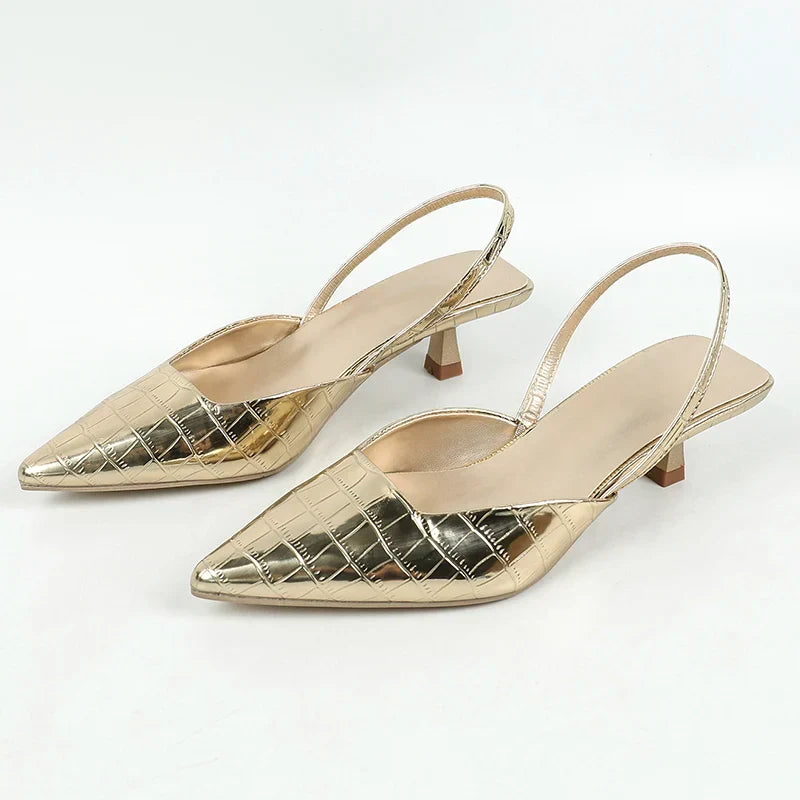New Back Strap Stone Pattern Purple Pointed Toe Slingback Shoes Brand Wedding High Mules Low Heel Pumps