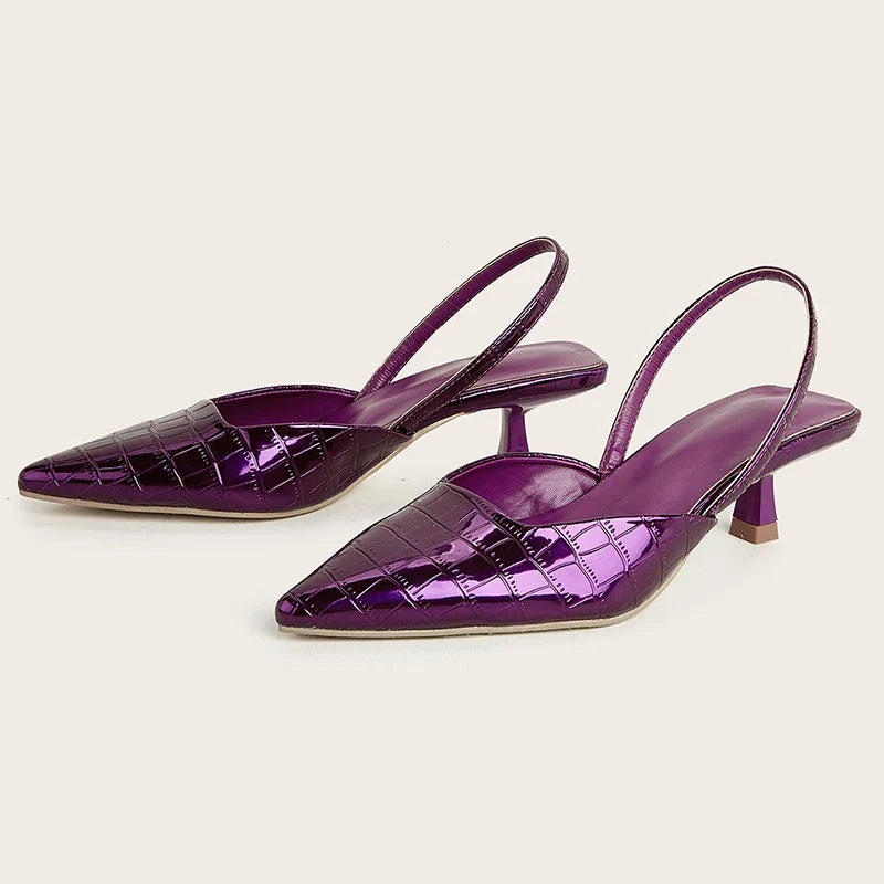 New Back Strap Stone Pattern Purple Pointed Toe Slingback Shoes Brand Wedding High Mules Low Heel Pumps