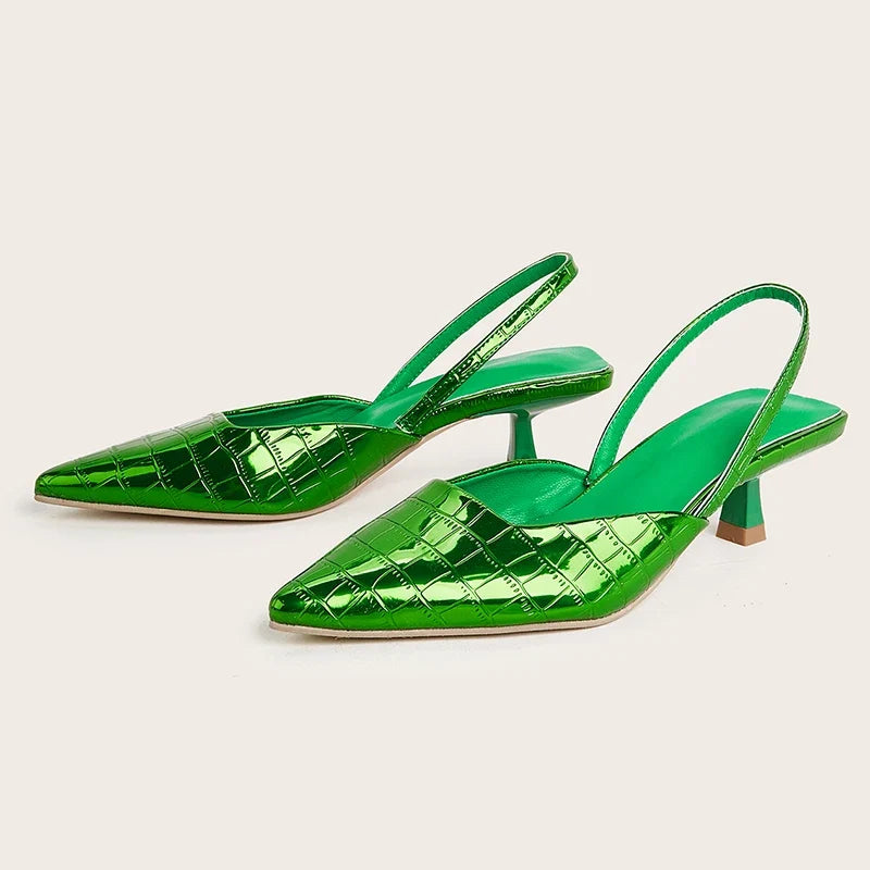 New Back Strap Stone Pattern Purple Pointed Toe Slingback Shoes Brand Wedding High Mules Low Heel Pumps