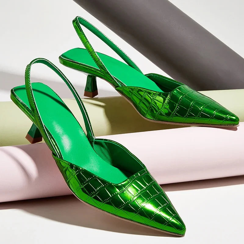 New Back Strap Stone Pattern Purple Pointed Toe Slingback Shoes Brand Wedding High Mules Low Heel Pumps