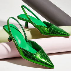 New Back Strap Stone Pattern Purple Pointed Toe Slingback Shoes Brand Wedding High Mules Low Heel Pumps