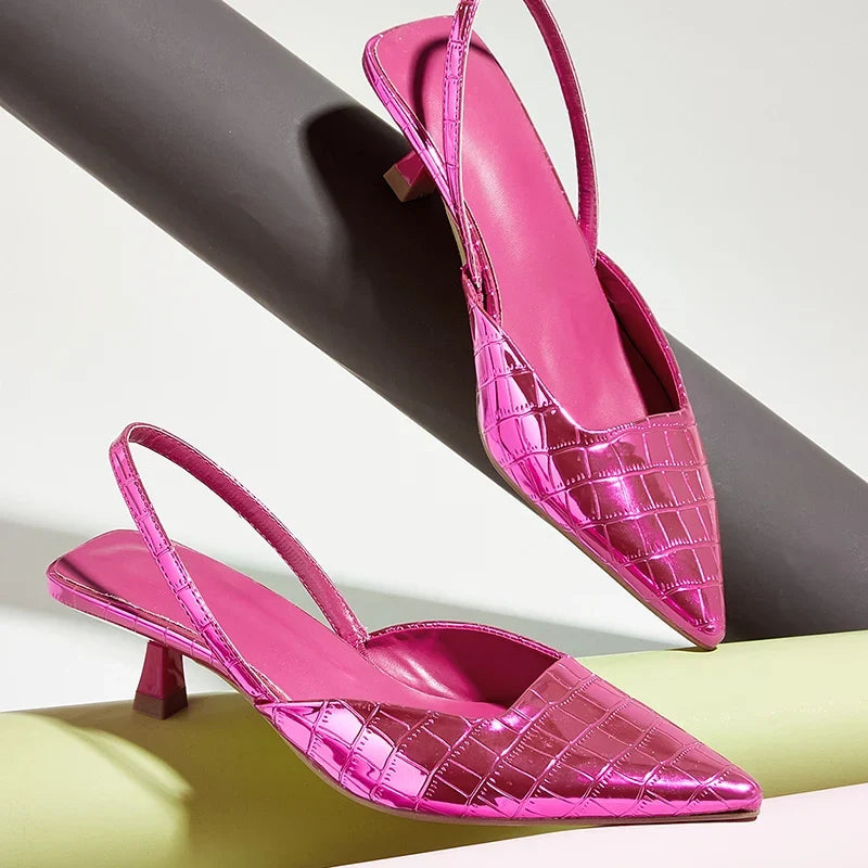 New Back Strap Stone Pattern Purple Pointed Toe Slingback Shoes Brand Wedding High Mules Low Heel Pumps