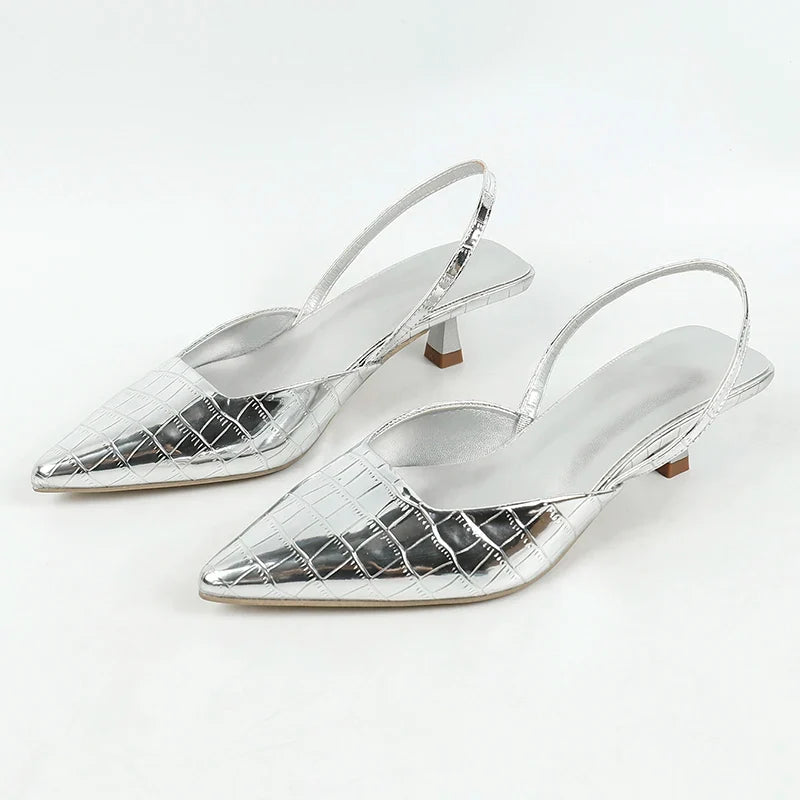 New Back Strap Stone Pattern Purple Pointed Toe Slingback Shoes Brand Wedding High Mules Low Heel Pumps