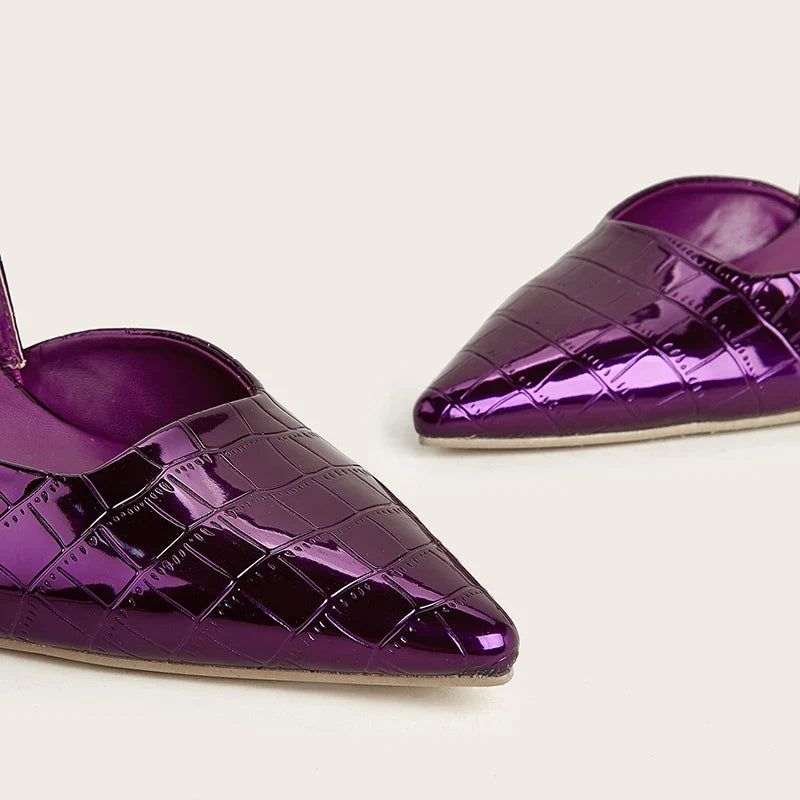 New Back Strap Stone Pattern Purple Pointed Toe Slingback Shoes Brand Wedding High Mules Low Heel Pumps