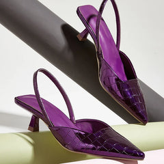 New Back Strap Stone Pattern Purple Pointed Toe Slingback Shoes Brand Wedding High Mules Low Heel Pumps