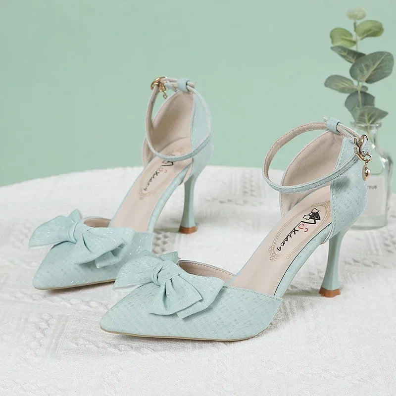 New Slim Shoes One Line Buckle Pointed Highs Bow Shoes Low Heel Pumps