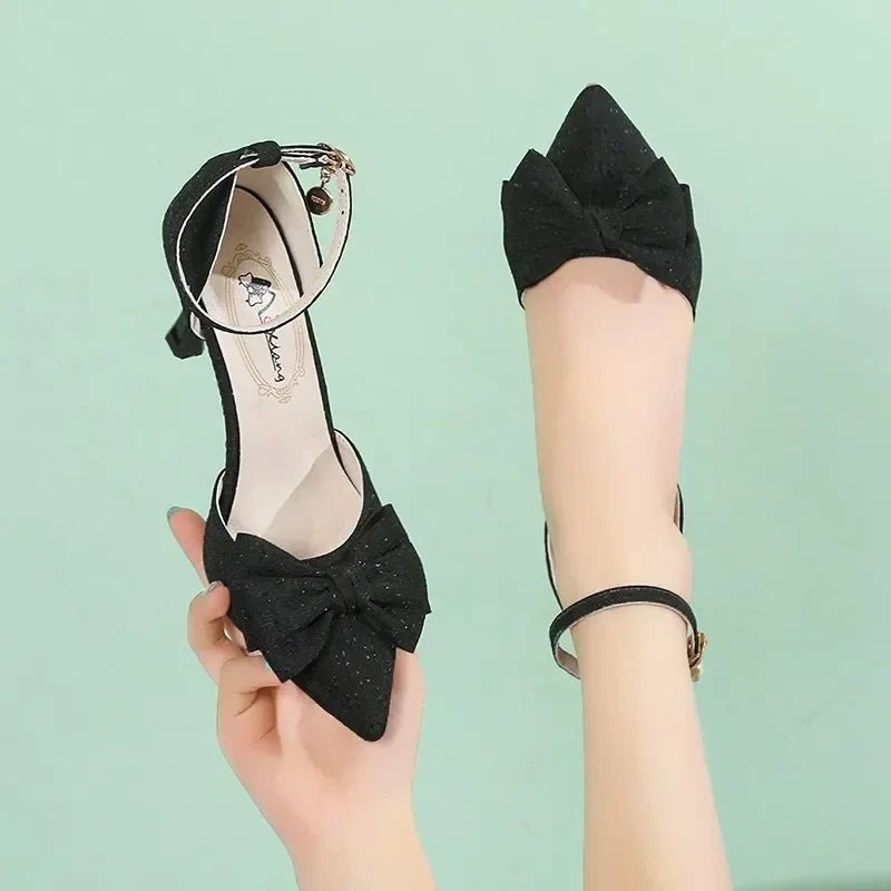 New Slim Shoes One Line Buckle Pointed Highs Bow Shoes Low Heel Pumps