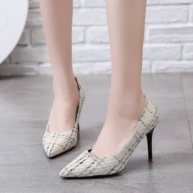 Simple Color Matching Plaid Design Shopping Walking New Style High Heel