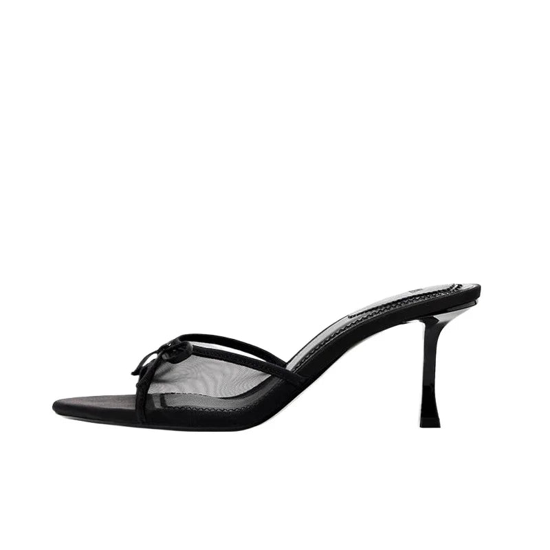 New Women's Bow Decorated High-heeled Mesh Sandals Low Heel Pumps