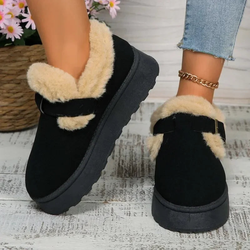 2024Plush Flat Shoes Suede Round Toe Solid Color Snow Boots