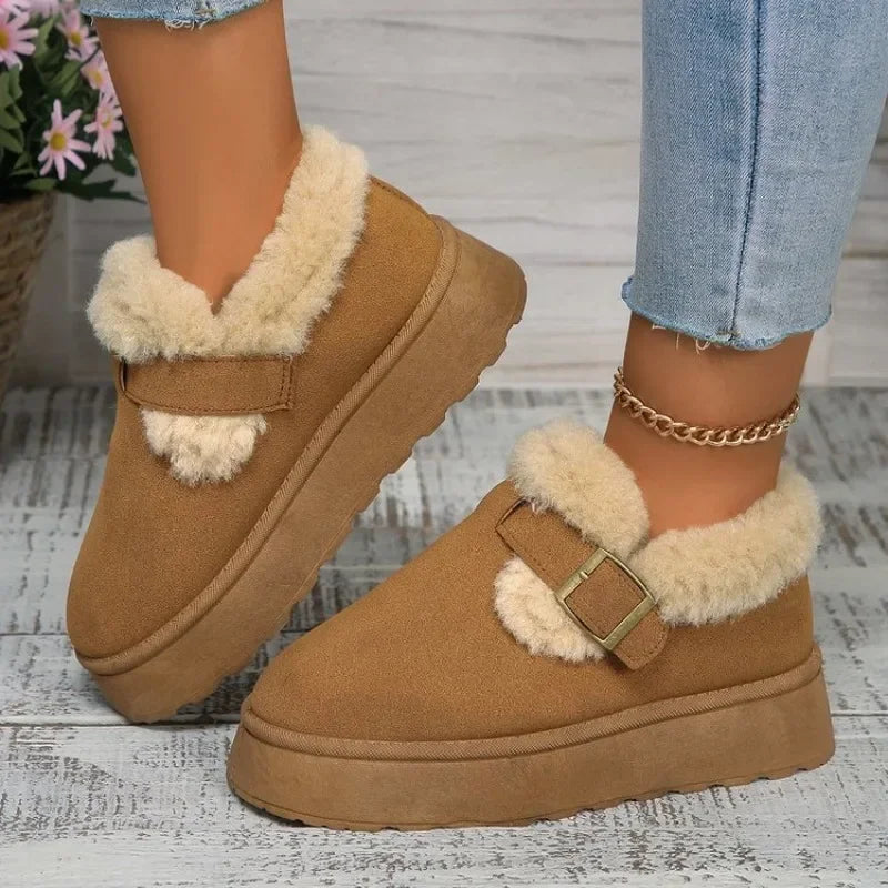 2024Plush Flat Shoes Suede Round Toe Solid Color Snow Boots