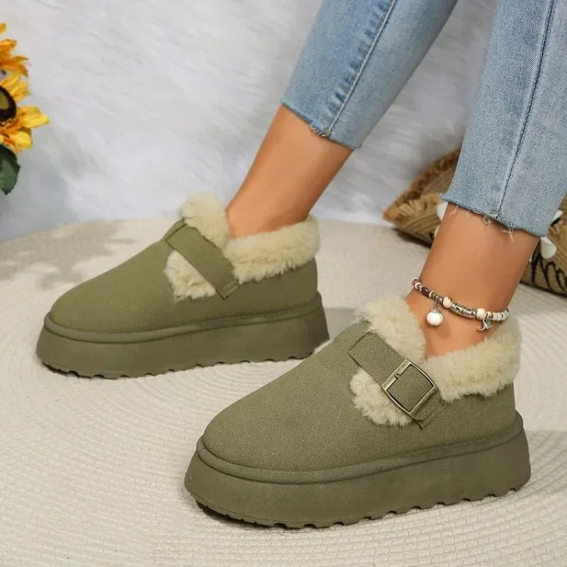 2024Plush Flat Shoes Suede Round Toe Solid Color Snow Boots