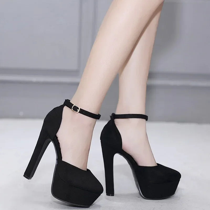 Apricot/black round toe flock platform buckle strap Thin heel High Heel