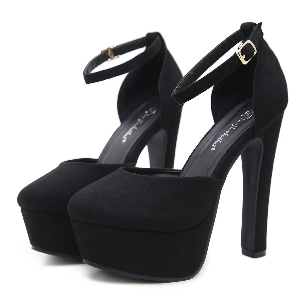 Apricot/black round toe flock platform buckle strap Thin heel High Heel