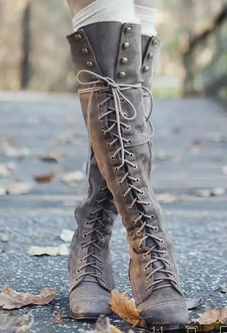 Autumn Keep Warm Sewing Thread Rivet Heel Long Zipper Knee High Boots
