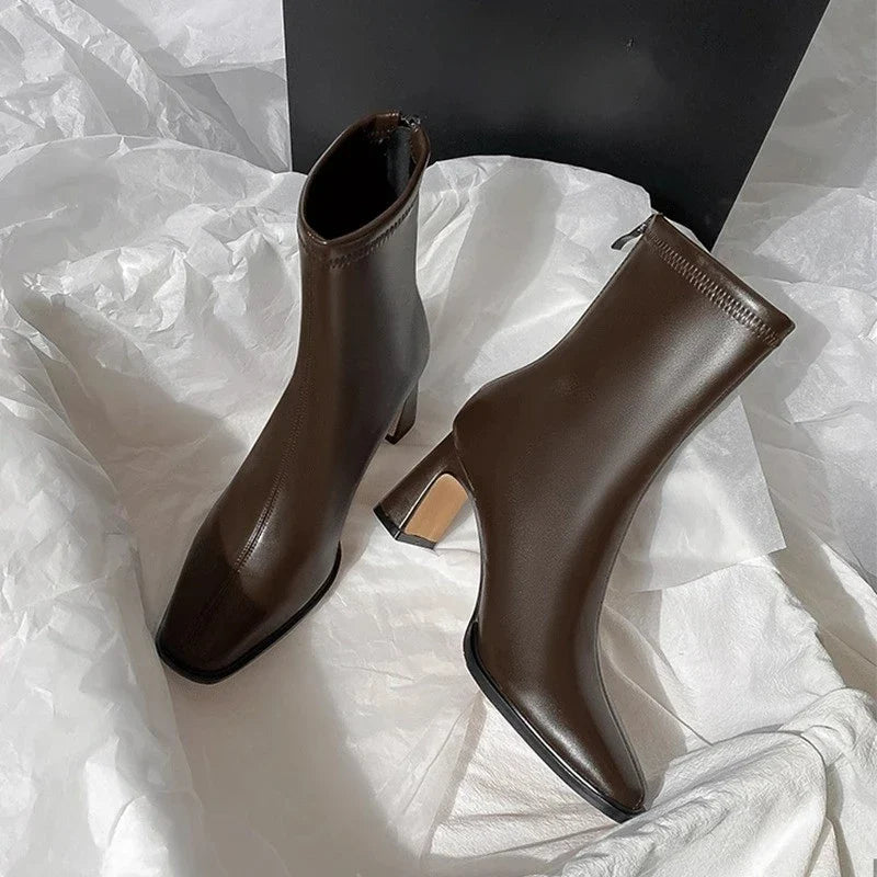 Autumn Leather Square Toe Square Heel Short Ankle Boot