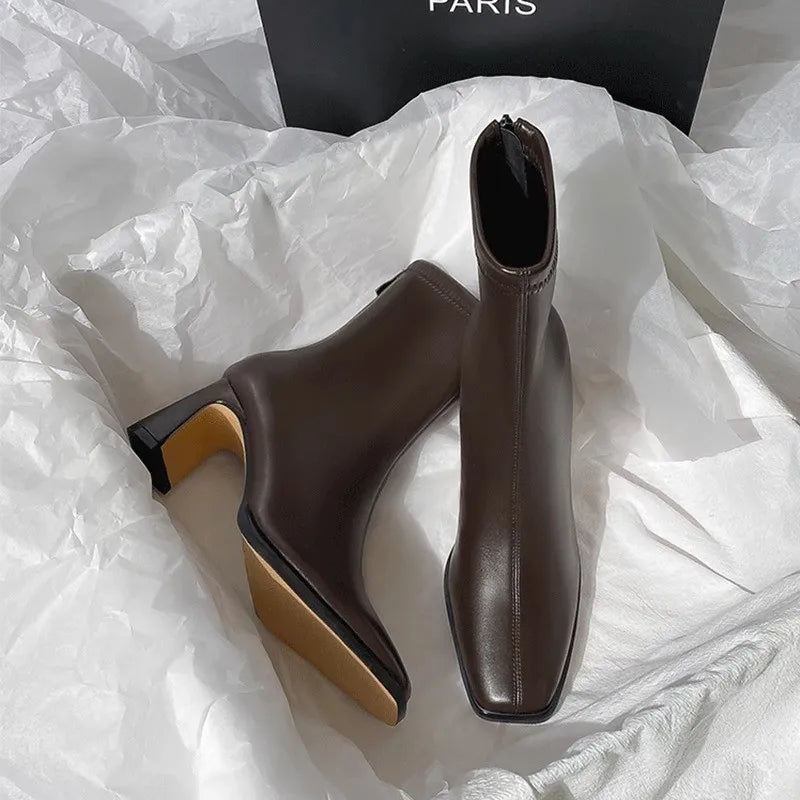 Autumn Leather Square Toe Square Heel Short Ankle Boot
