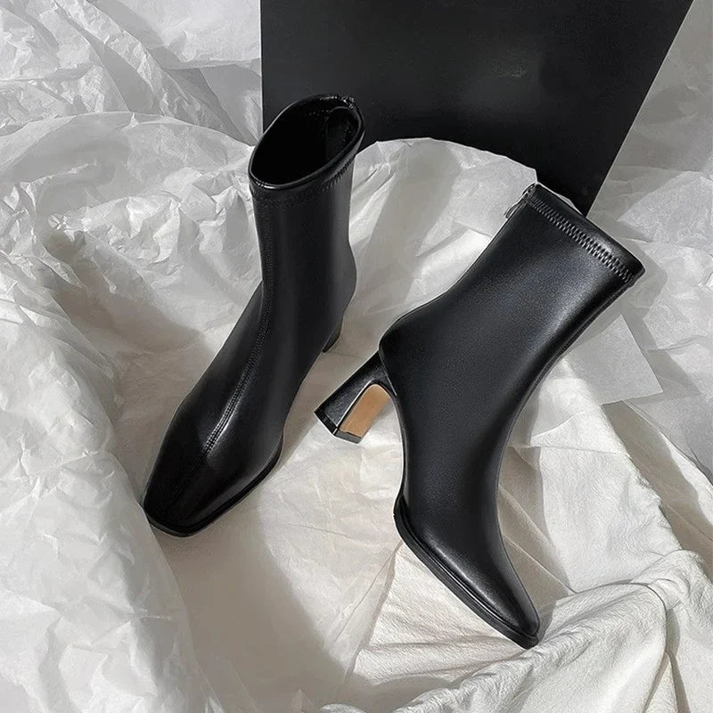 Autumn Leather Square Toe Square Heel Short Ankle Boot