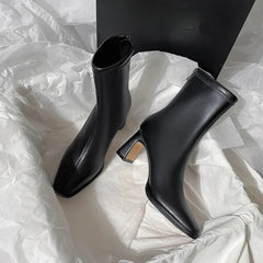 Autumn Leather Square Toe Square Heel Short Ankle Boot