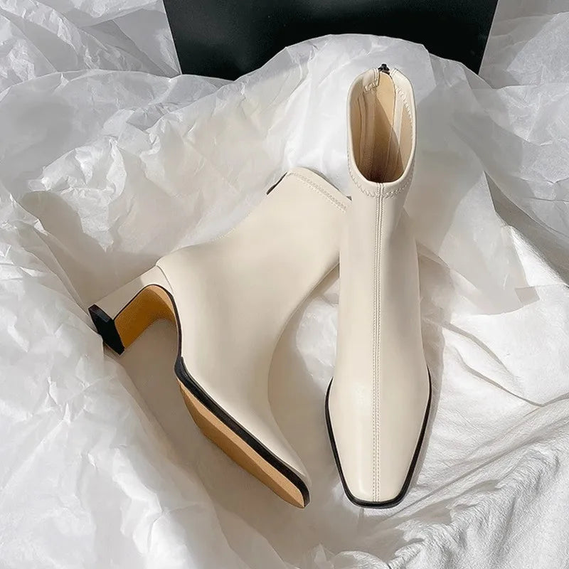 Autumn Leather Square Toe Square Heel Short Ankle Boot