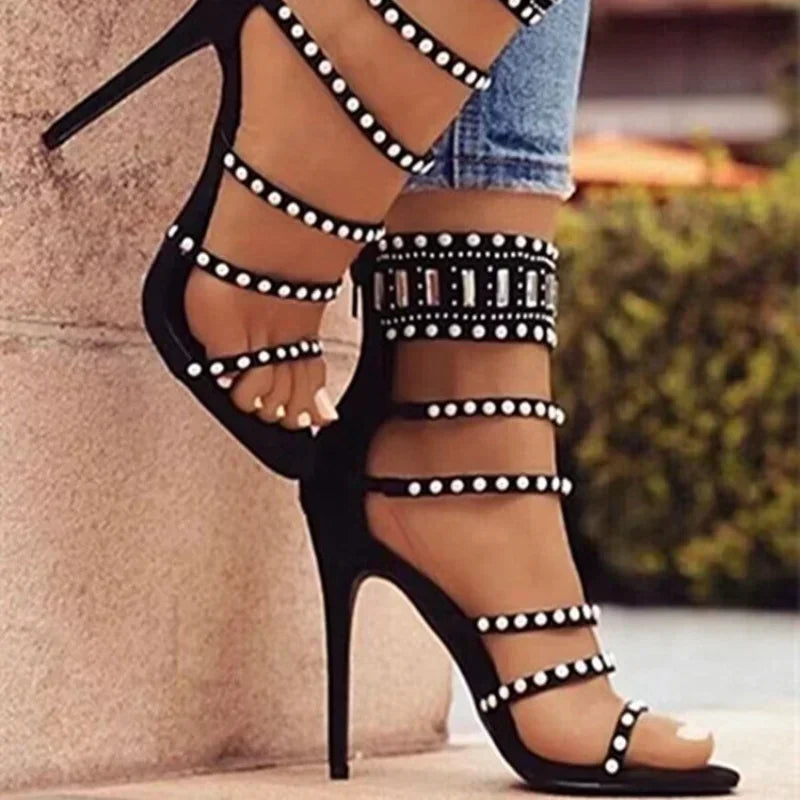 Sophisticated Black Beige Gladiator Peep Toe Diamond Pearl Ankle Band High Heel