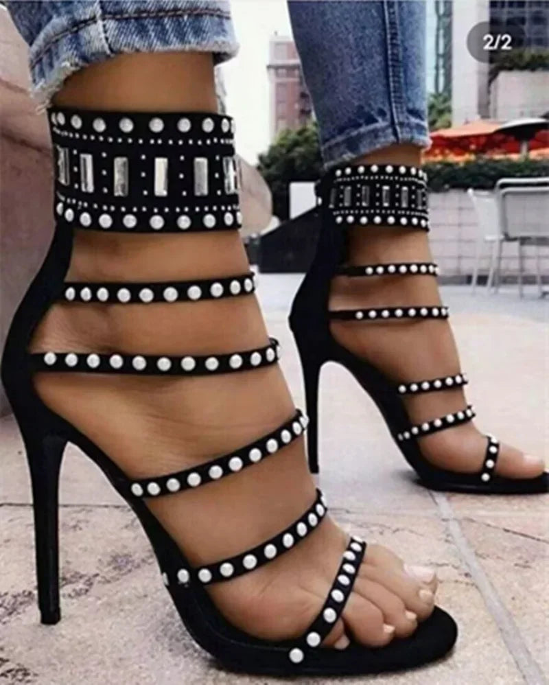 Sophisticated Black Beige Gladiator Peep Toe Diamond Pearl Ankle Band High Heel