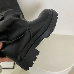 Black Footwear Round Toe Heels Slip On Long Knee High Boots
